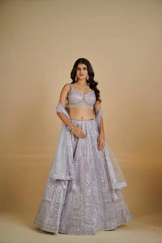 Beautifully Designed Light Purple Net Lehenga With Artistic Silver Work Lehenga