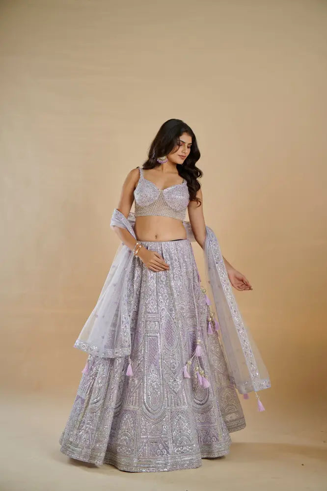 Beautifully Designed Light Purple Net Lehenga With Artistic Silver Work Lehenga