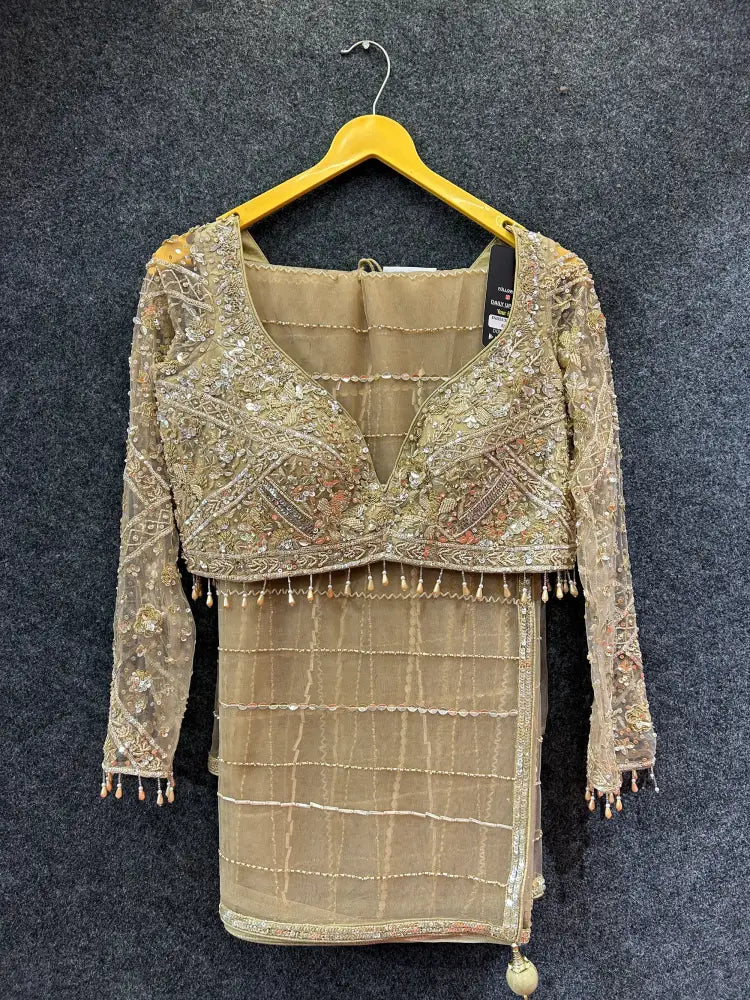 Beautifully Handcrafted Golden Net Saree For Weddings And Festive Saree