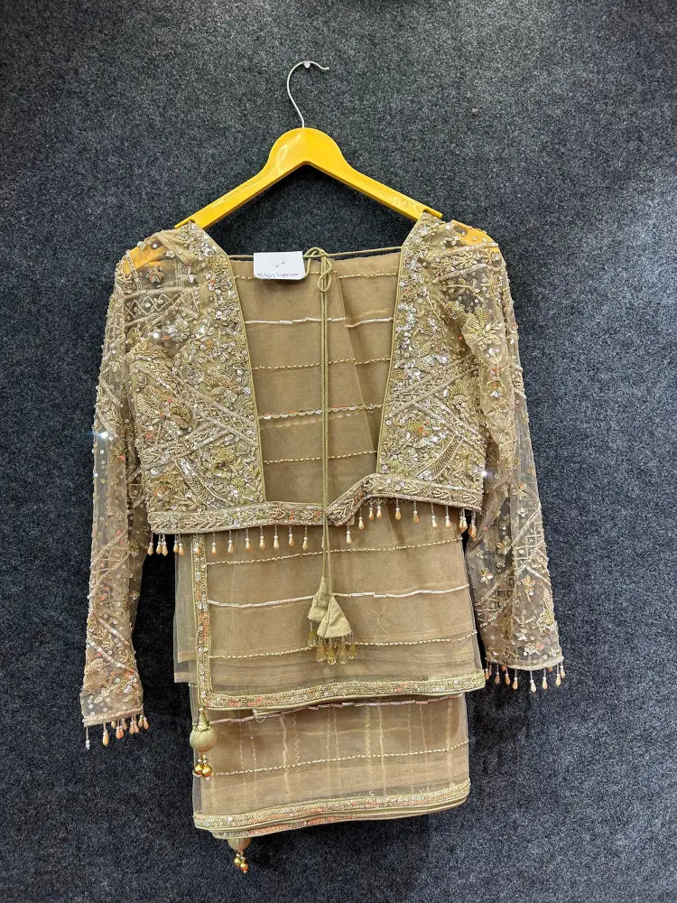 Beautifully Handcrafted Golden Net Saree For Weddings And Festive Saree