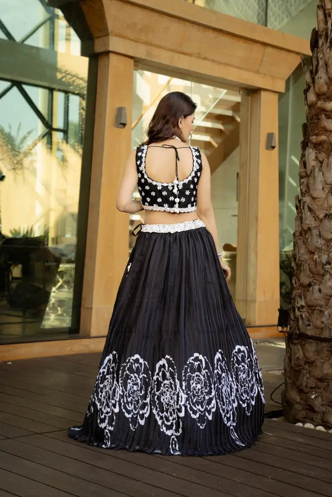 Black Lehenga With Artistic Handwork And Classic Print Lehenga