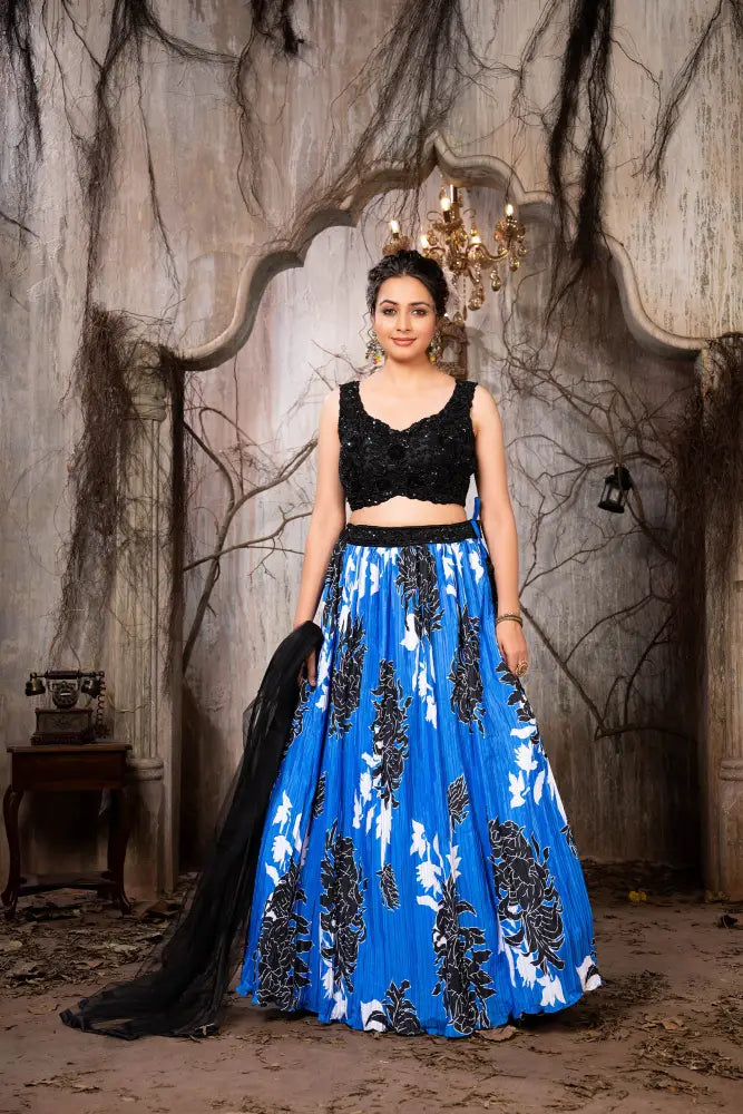 Black Printed Handwork Lehenga Choli With Dupatta For All Occasions. Lehenga