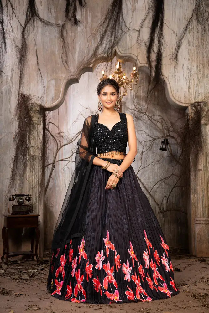 Black Printed Handwork Lehenga Choli With Pink Floral Elegance. Lehenga
