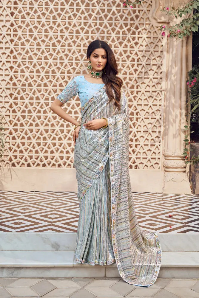 Blue Georgette Saree With Sparkling Multi Sequins Work Saree