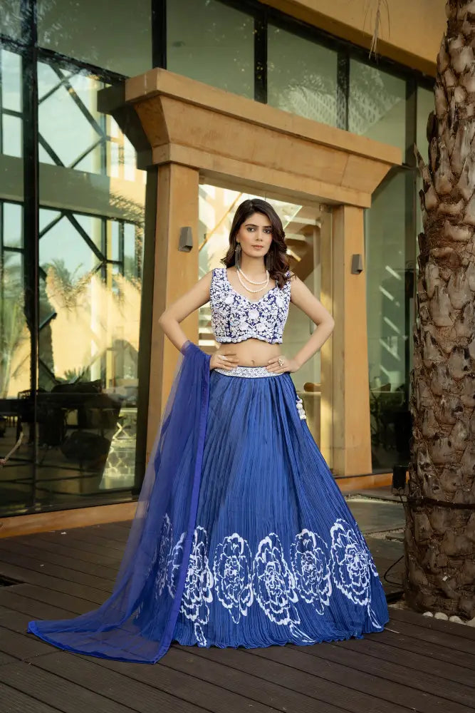 Blue Handcrafted Printed Lehenga For Weddings And Events Lehenga