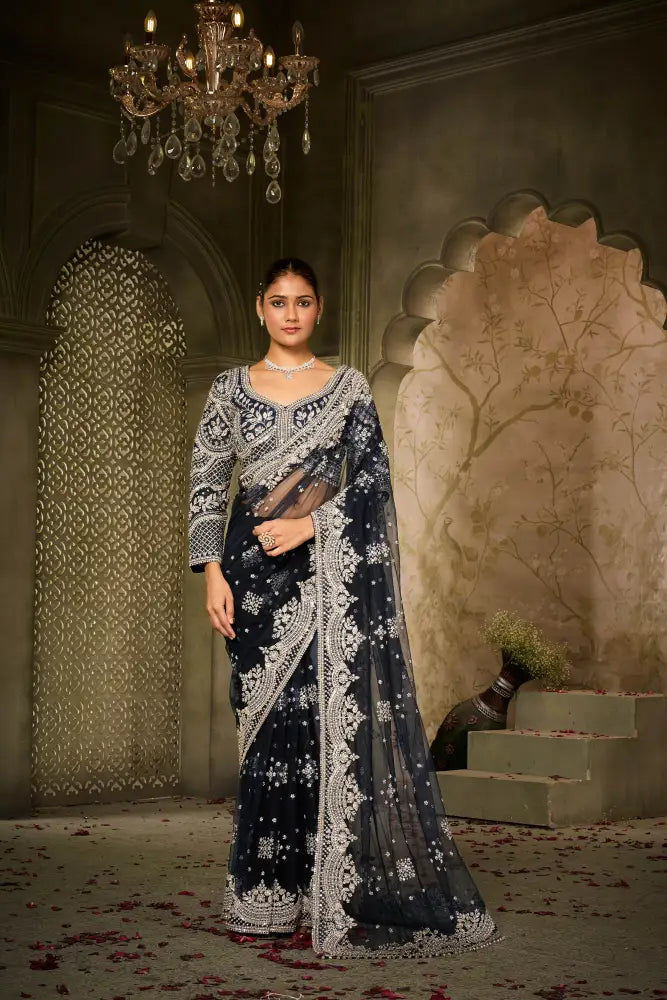 Blue Net Saree With Hand-Embroidered Jarkan For A Dreamy Look Saree