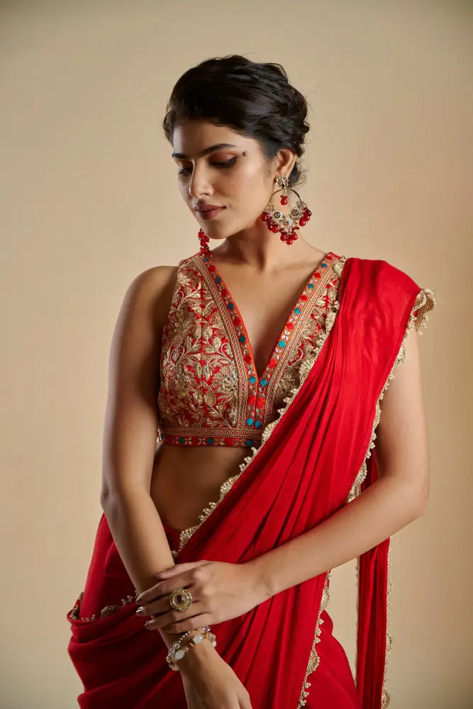 Bridal Wear Cherry Red Crepe Silk Saree With Handmade Embroidery Finish Saree
