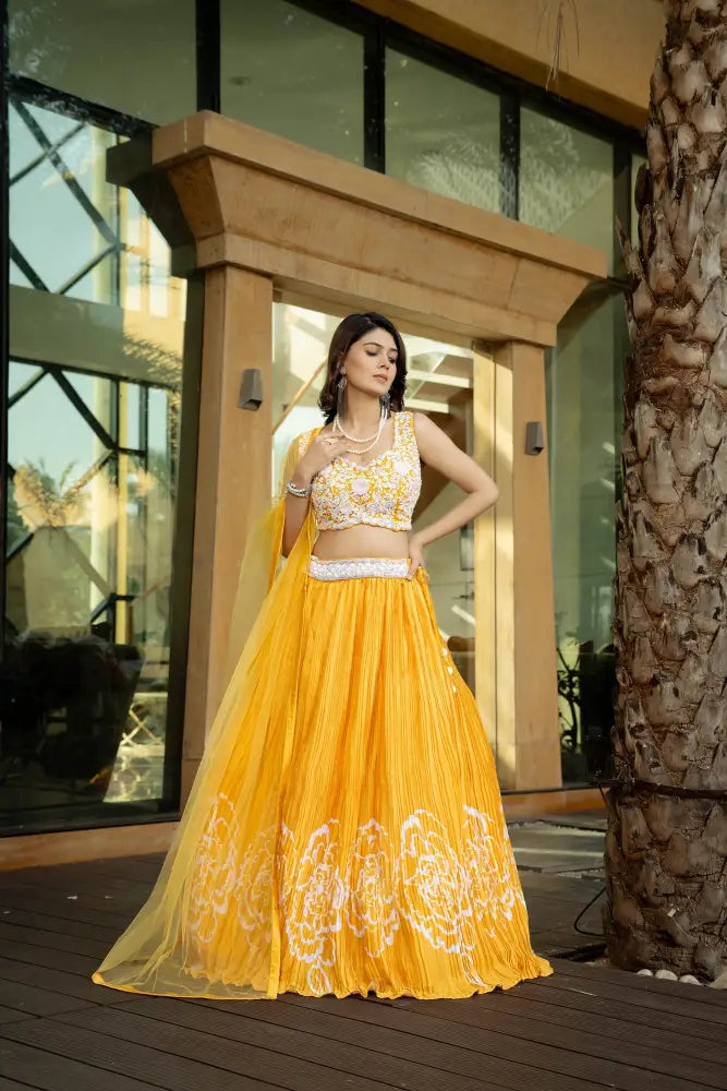 Bright And Beautiful Yellow Print Lehenga With Hand Embroidery Lehenga