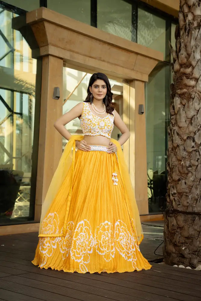 Bright And Beautiful Yellow Print Lehenga With Hand Embroidery Lehenga