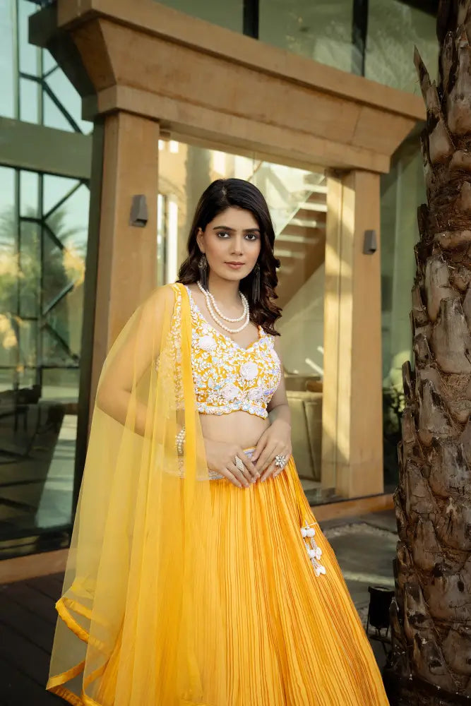 Bright And Beautiful Yellow Print Lehenga With Hand Embroidery Lehenga