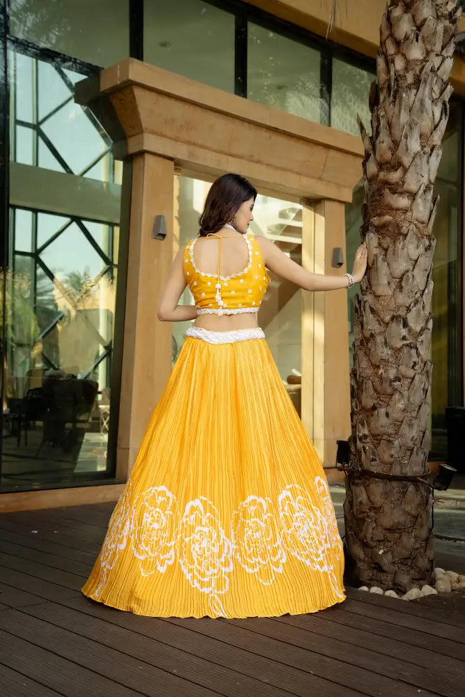 Bright And Beautiful Yellow Print Lehenga With Hand Embroidery Lehenga