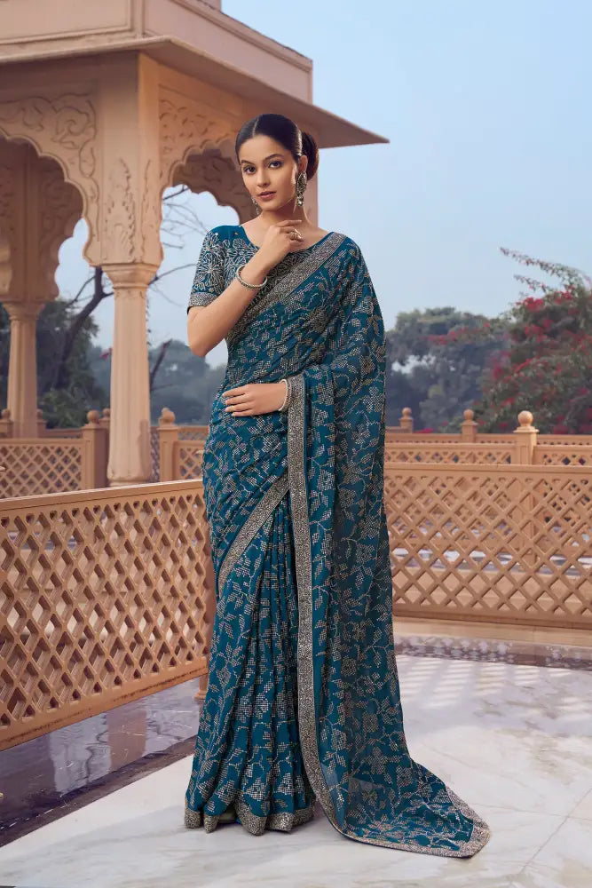 Bright Blue Saree With Full Sequins Work For Wedding Glam Saree