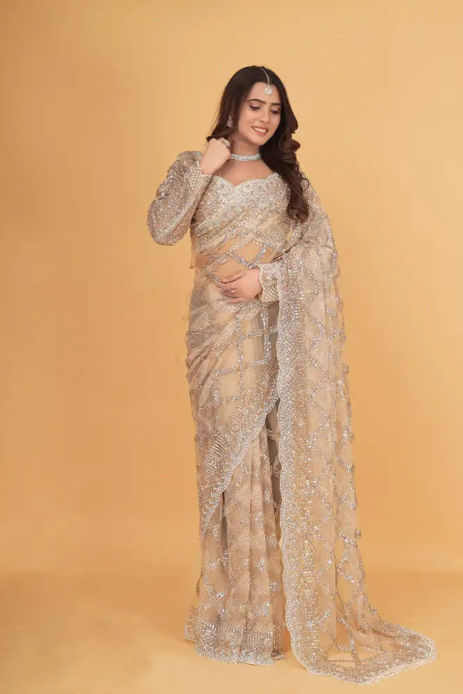 Champagn Gold Exclusive Stone Work Designer Saree With Readymade Blouse