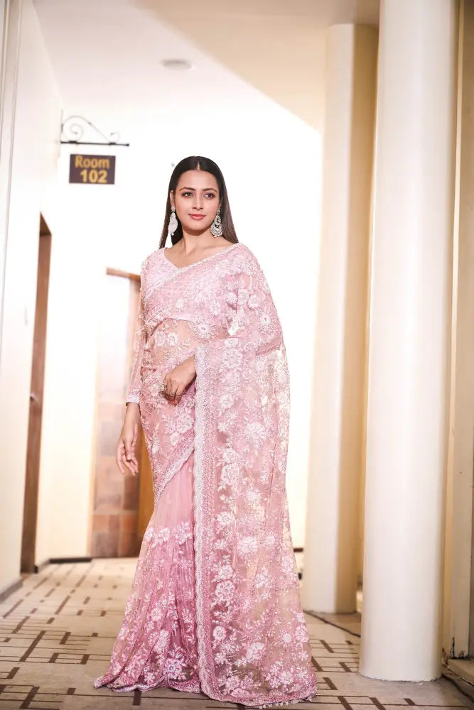 Chickoo Colored Net Saree With Sequence Jarkan And Thread Handwork