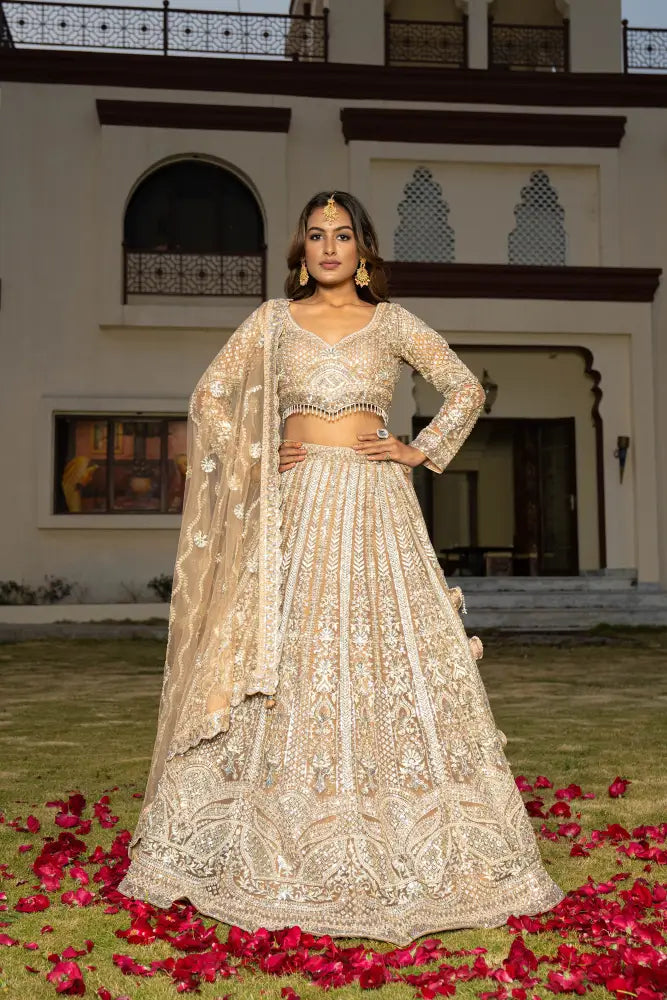 Chickoo Net Lehenga With Dupatta And Exclusive Stone Work Lehenga