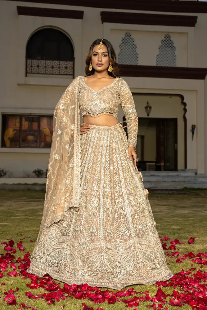 Chickoo Net Lehenga With Dupatta And Exclusive Stone Work Lehenga