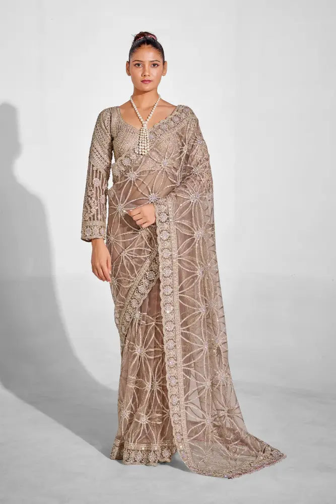 Chickoo Net Saree Designed For Wedding And Festive Occasions Saree