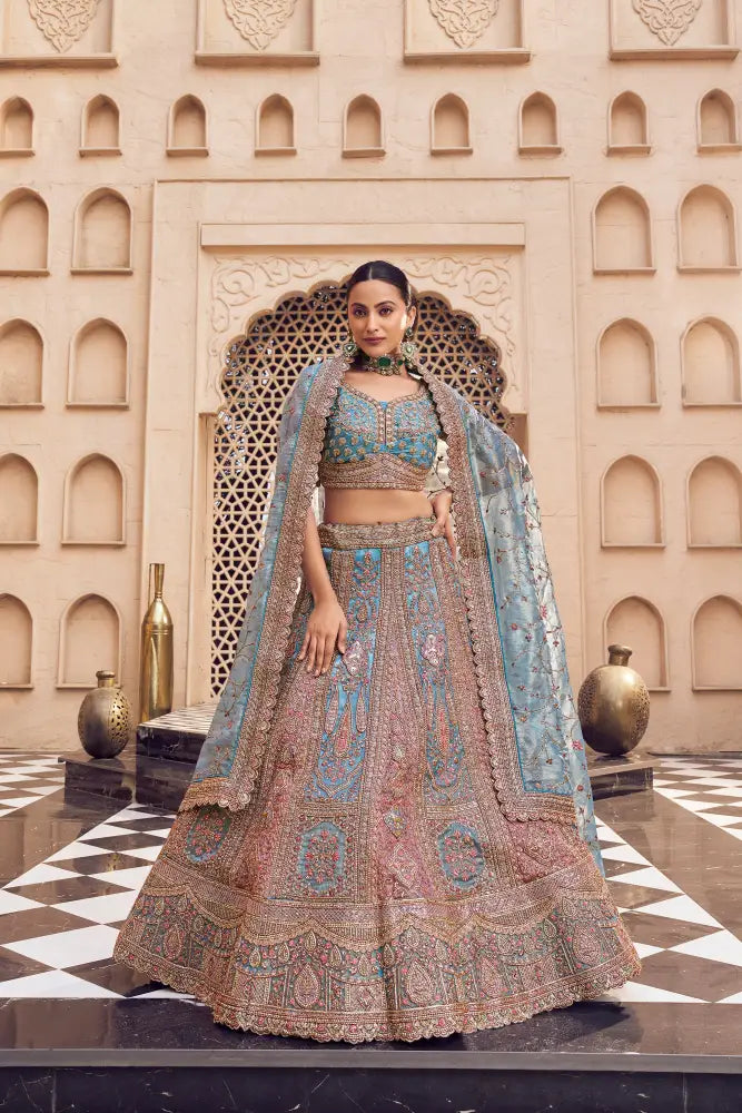 Chinon Saree Pink Sky Heavy Thread Work With Sequins Saree