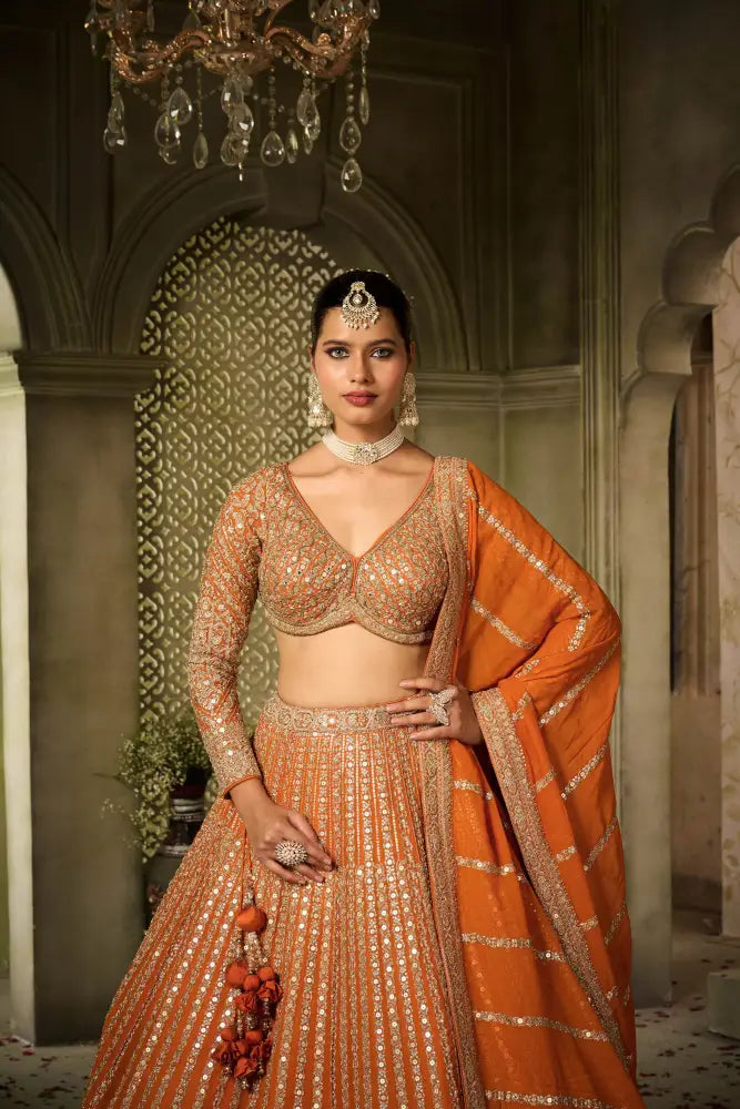 Classic Orange Lehenga With Dupatta And Rich Georgette Embroidery Lehenga