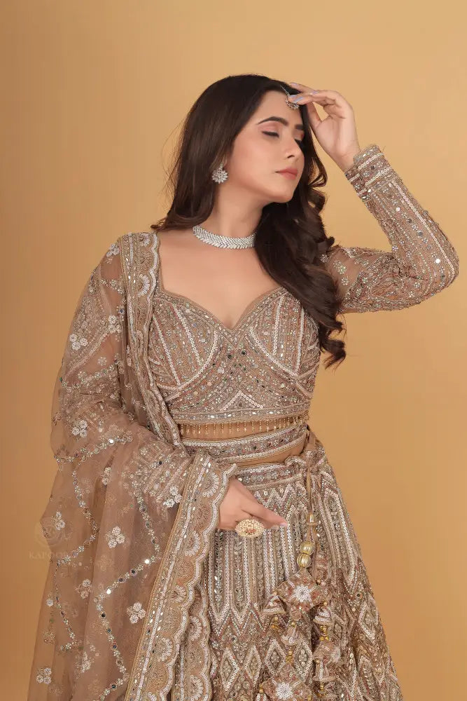 Copper Gold Net Lehenga Intricate Handwork With Sequins Jarkan And Thread
