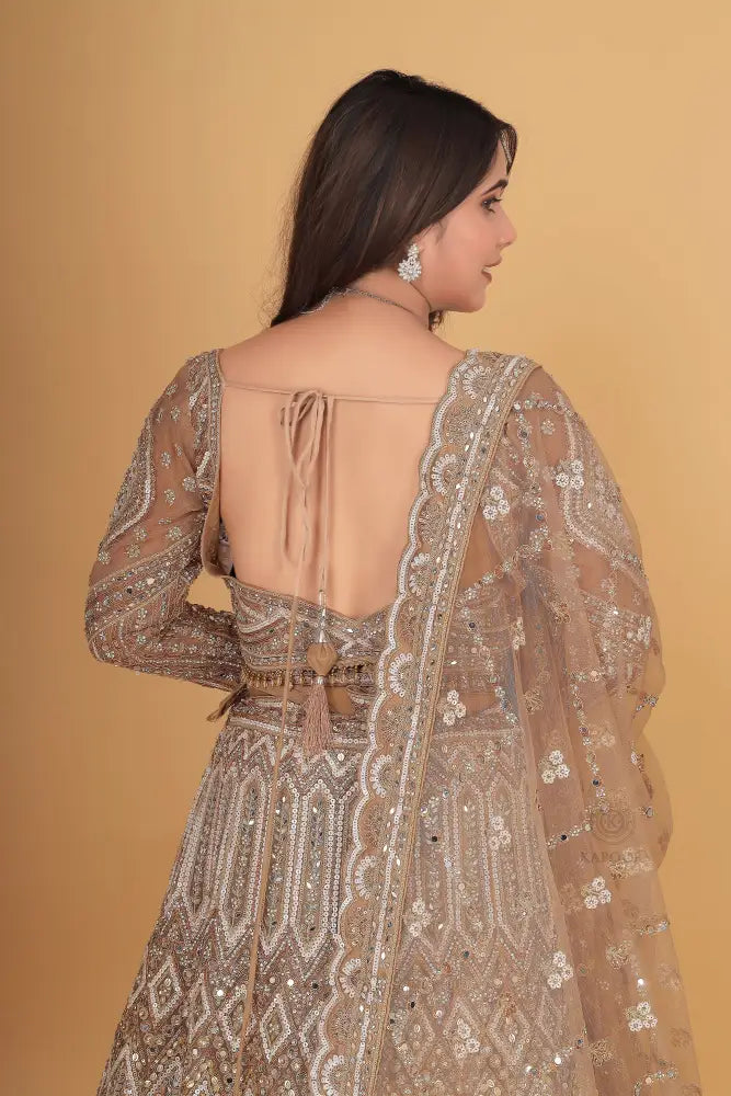 Copper Gold Net Lehenga Intricate Handwork With Sequins Jarkan And Thread