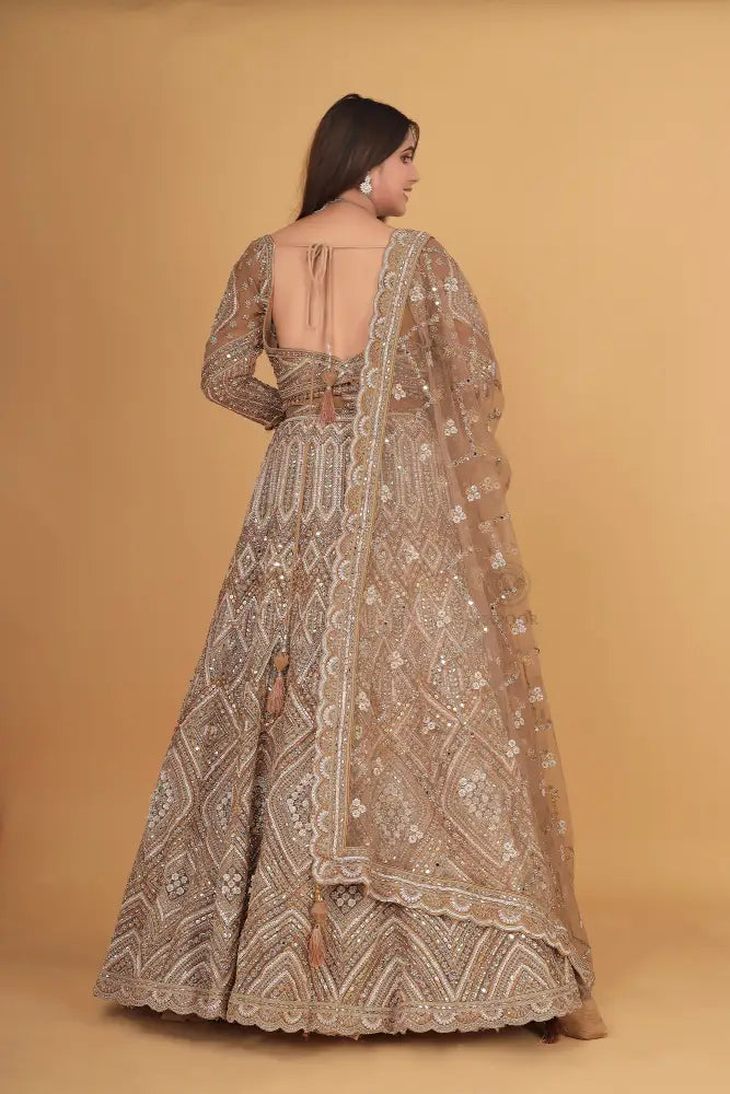 Copper Gold Net Lehenga Intricate Handwork With Sequins Jarkan And Thread