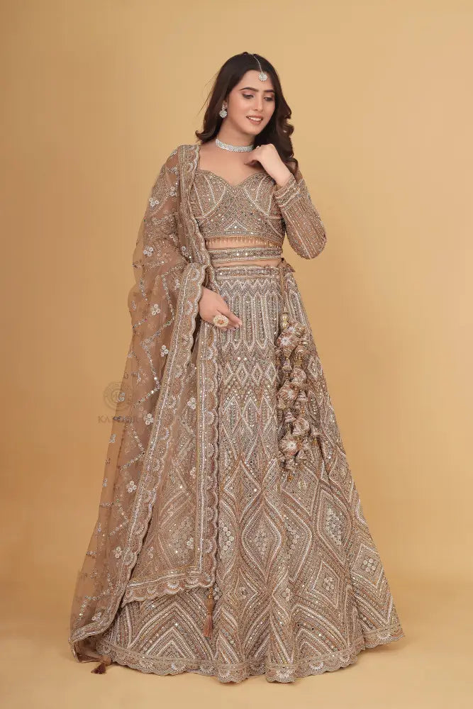 Copper Gold Net Lehenga Intricate Handwork With Sequins Jarkan And Thread