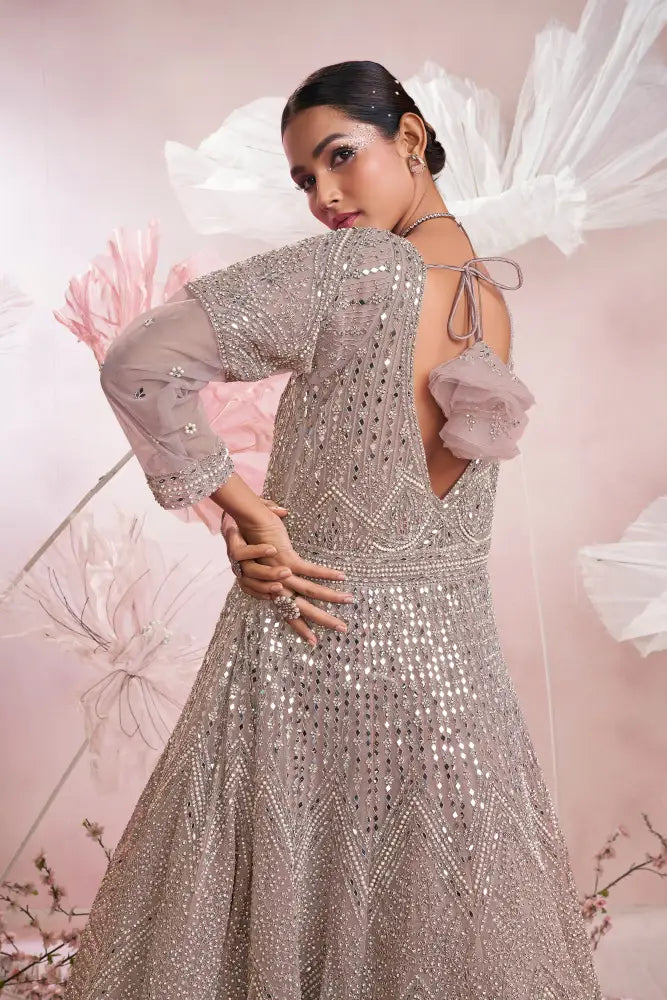 Designer Pink Net Gown With Mirror Detailing And Thread Embroidery Gown