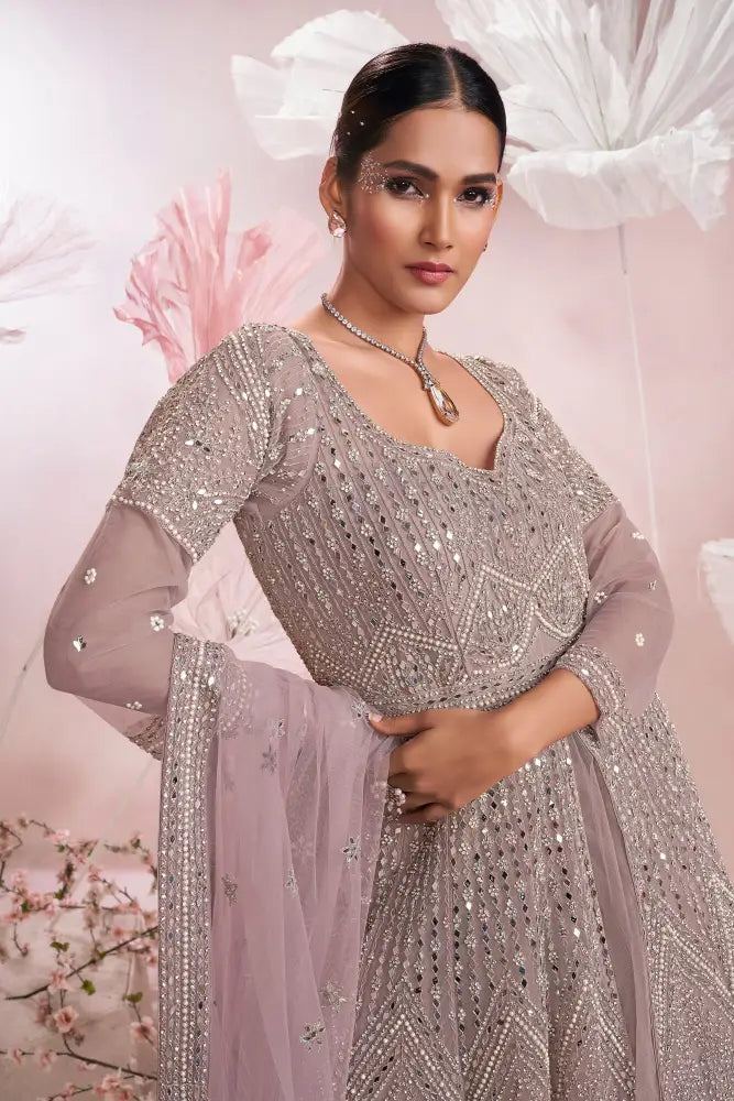 Designer Pink Net Gown With Mirror Detailing And Thread Embroidery Gown