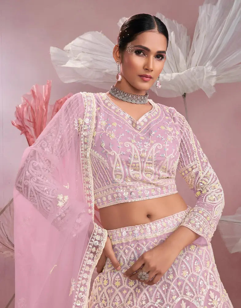 Designer Pink Net Lehenga With Multi Color Sequins And Full Thread Work Lehenga