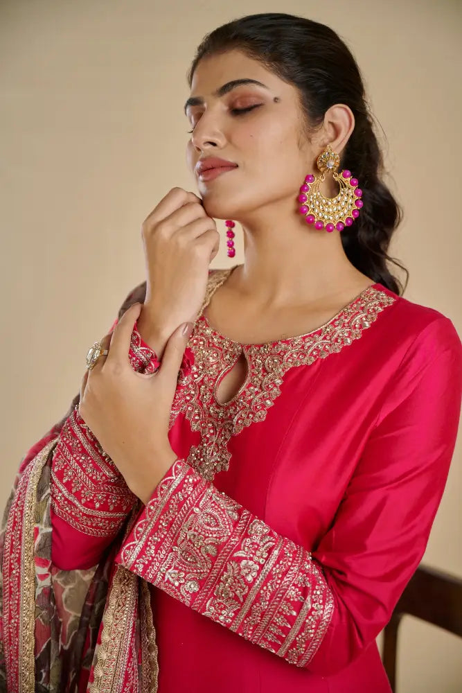 Designer Rani Carmine Handwork Pure Gown India Gown