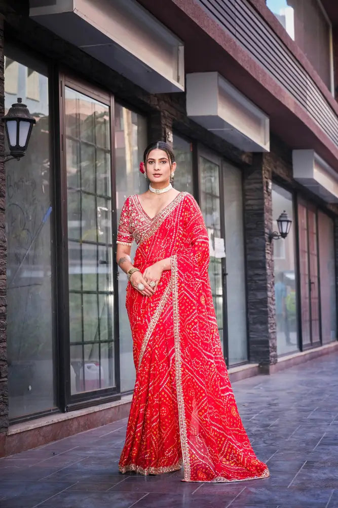 Designer Red Bandhani Saree In Digital Print With Luxe Embroidery Saree