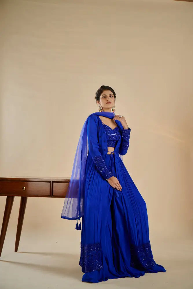 Dreamy Royal Blue Indo Western With Flowing Georgette Fabric Indo Western
