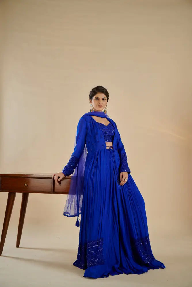 Dreamy Royal Blue Indo Western With Flowing Georgette Fabric Indo Western