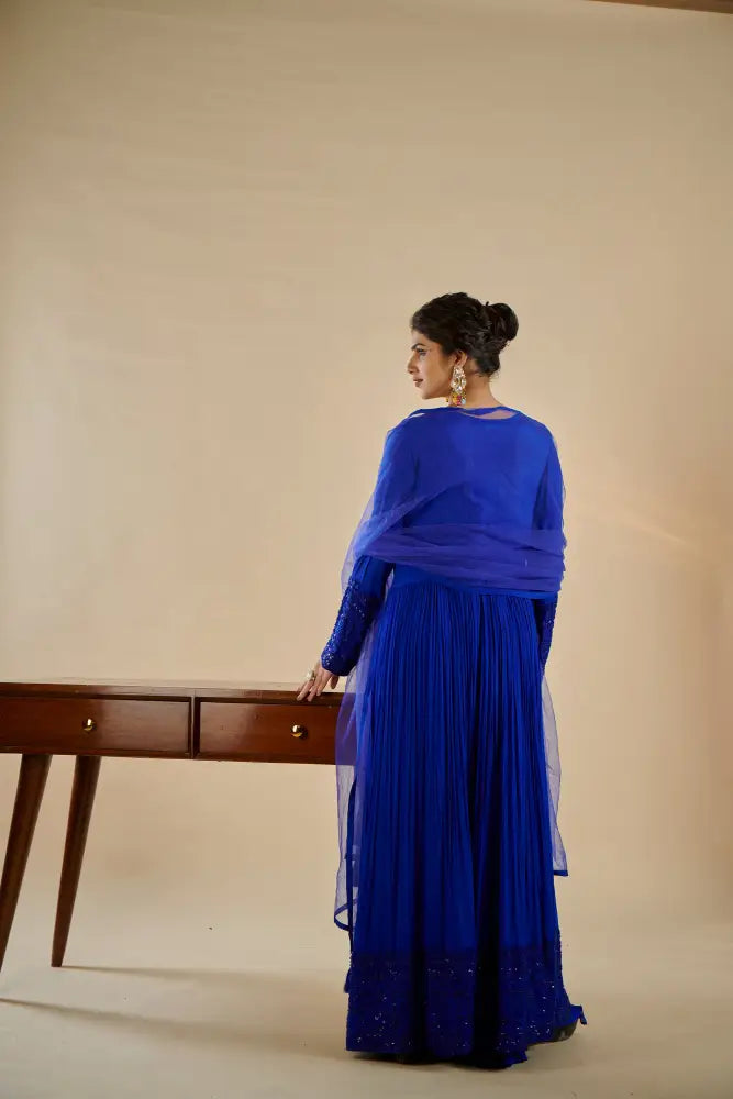 Dreamy Royal Blue Indo Western With Flowing Georgette Fabric Indo Western