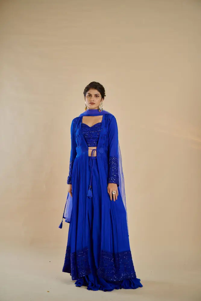 Dreamy Royal Blue Indo Western With Flowing Georgette Fabric Indo Western