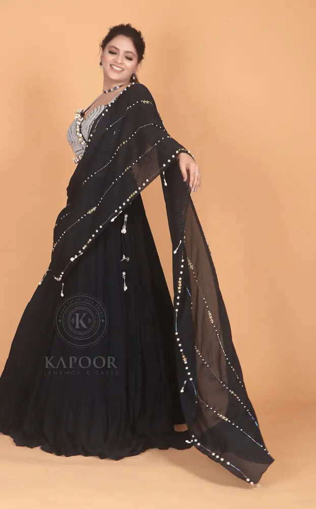 Elegant Black Readymade Designer Saree In Georgette Fabric