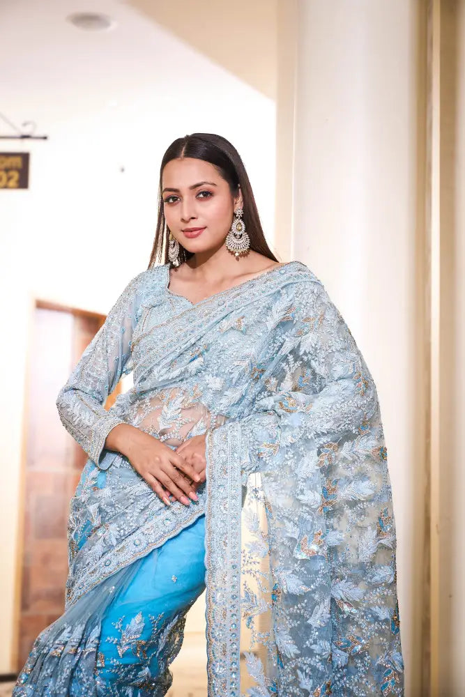 Elegant Sky Blue Ready Made Net Saree With Sequence Jarkan Work
