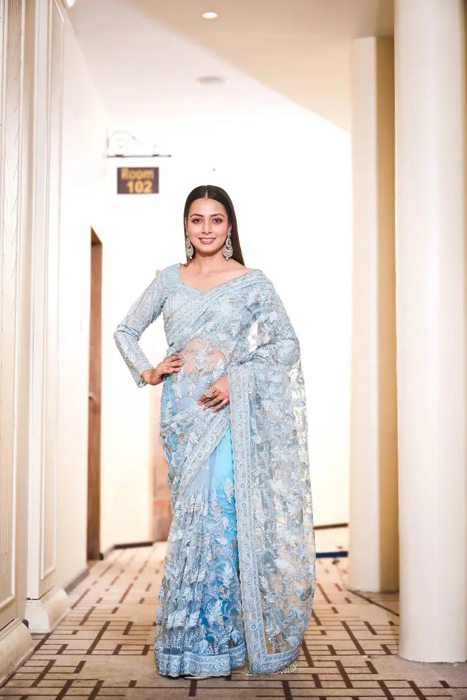 Elegant Sky Blue Ready Made Net Saree With Sequence Jarkan Work