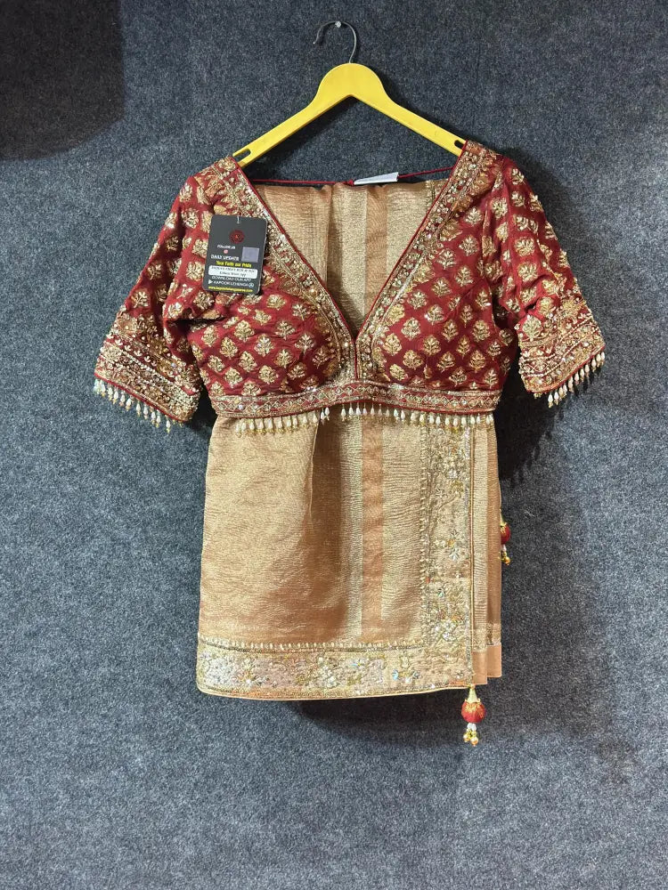 Exquisite Handcrafted Maroon & Gold Ready Made Blouse with handwork Saree Saree