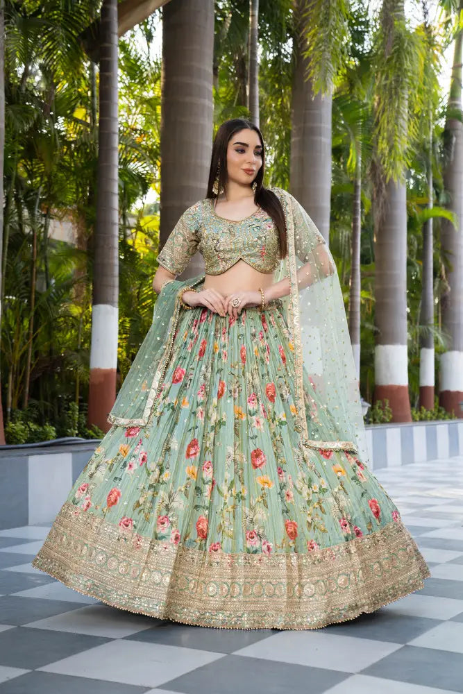 Fashion-Forward Pista Lehenga With Dupatta And Expert Hand Embellishments Lehenga