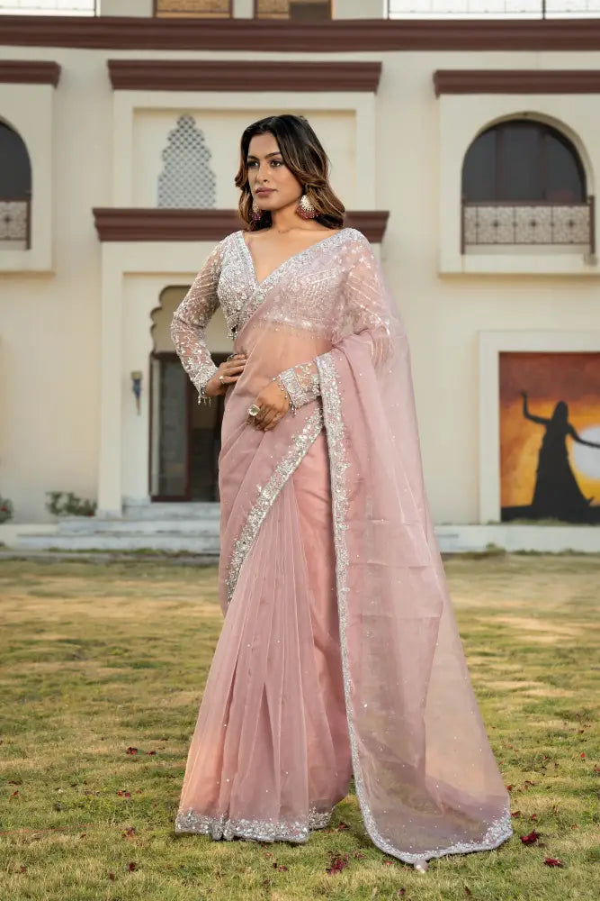 Fashionable Metallic Pink Organza Saree With Handcrafted Details Saree