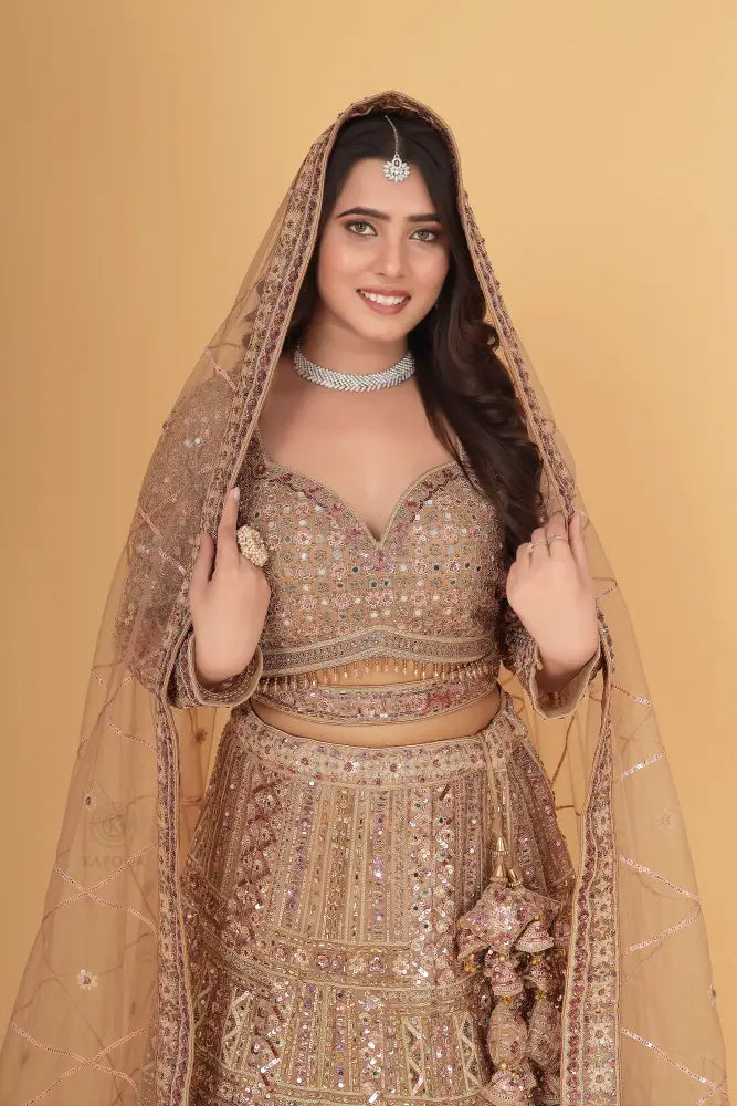 Glamorous Gold Net Lehenga Bollywood Inspired With Jarkan &amp; Thread Work