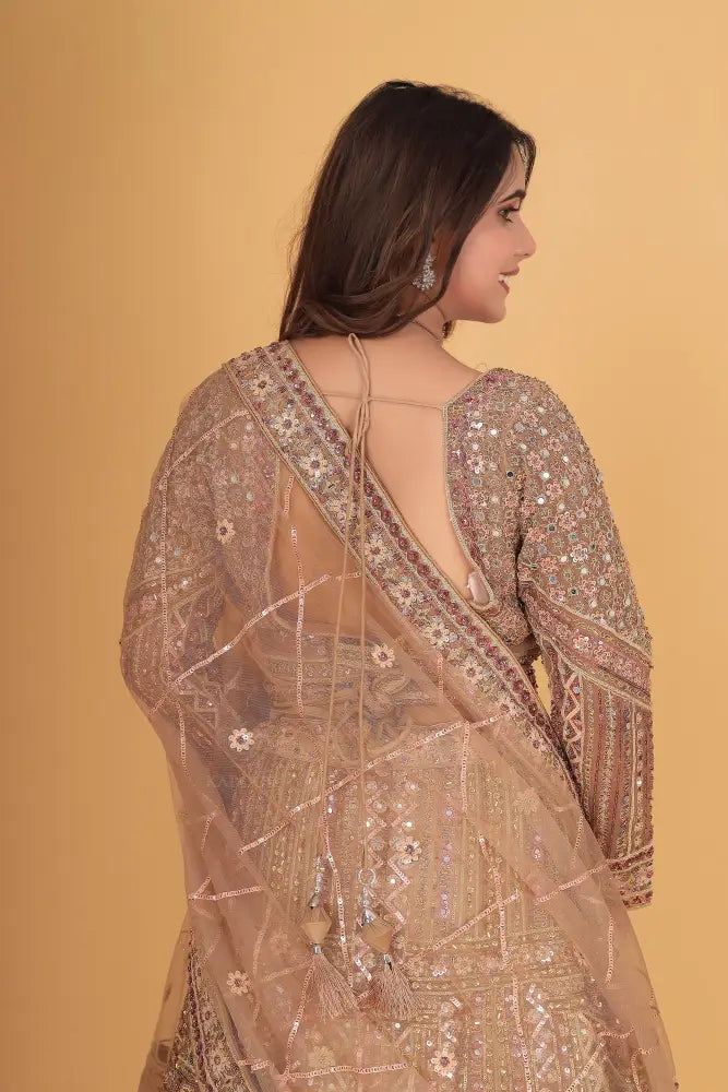 Glamorous Gold Net Lehenga Bollywood Inspired With Jarkan &amp; Thread Work