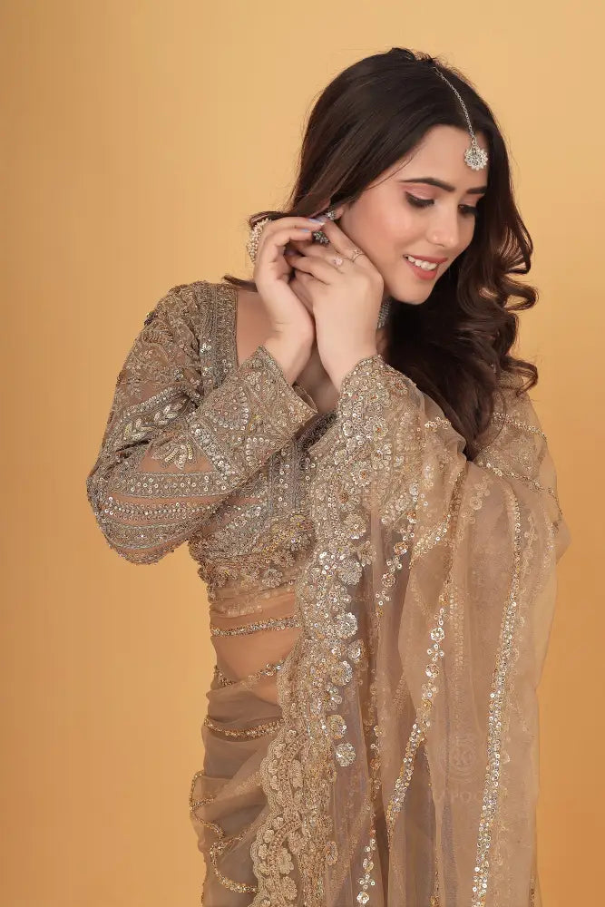 Gold Copper Designer Handwork Net Saree With Sequins Jarkan And Thread