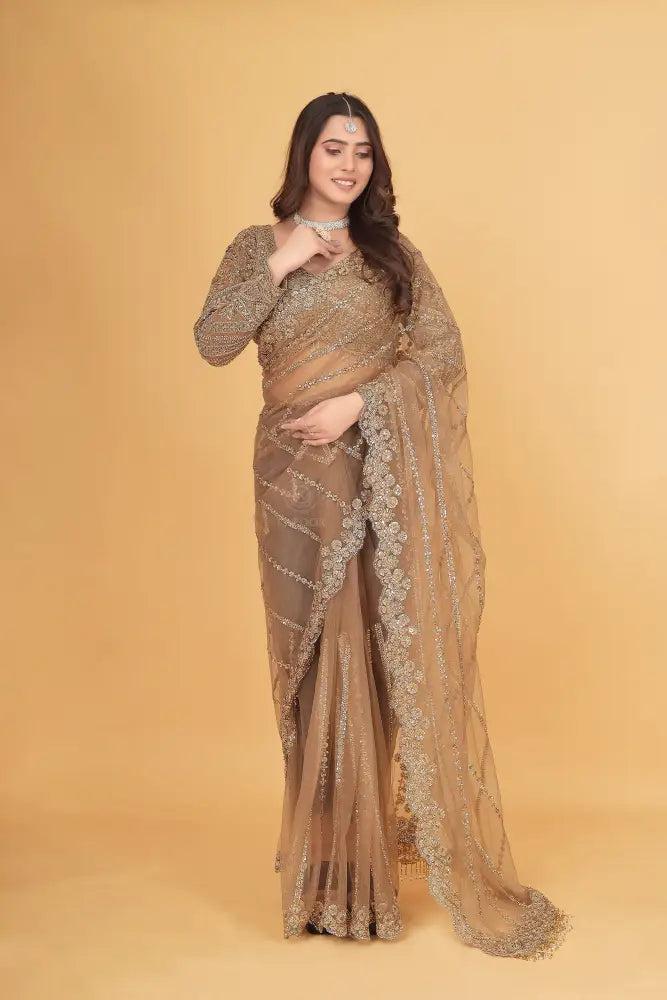 Gold Copper Designer Handwork Net Saree With Sequins Jarkan And Thread
