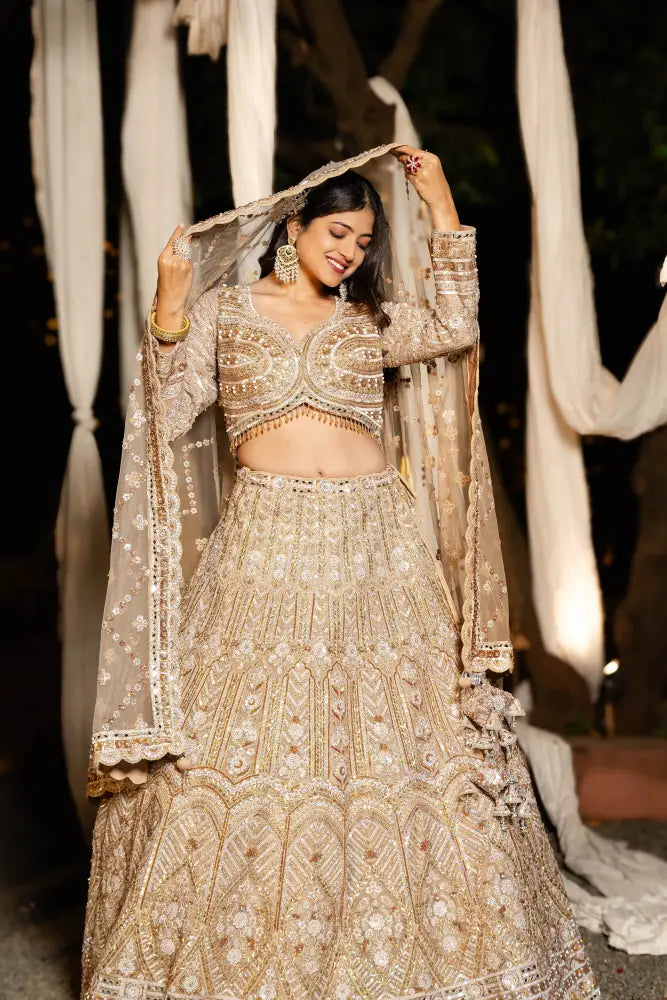 Gold Net Lehenga With Handwork Sequins And Jarkan Thread Detailing