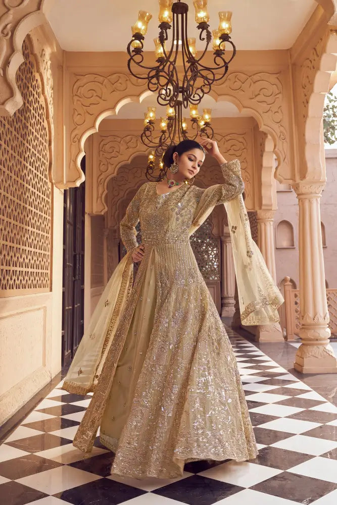 Gold Net Saree With Handcrafted Cut Dana And Beads Work Saree