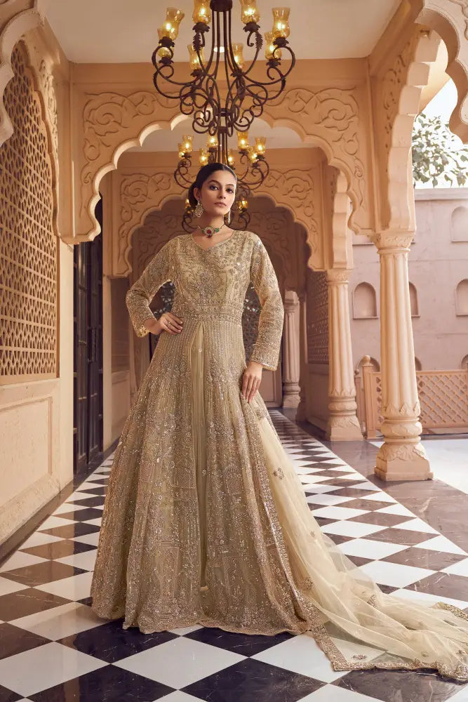 Gold Net Saree With Handcrafted Cut Dana And Beads Work Saree