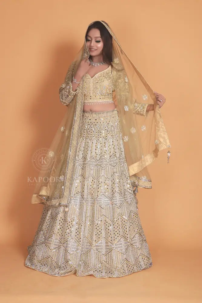 Golden Net Lehenga With Stone Work And Hand-Touch Detailing